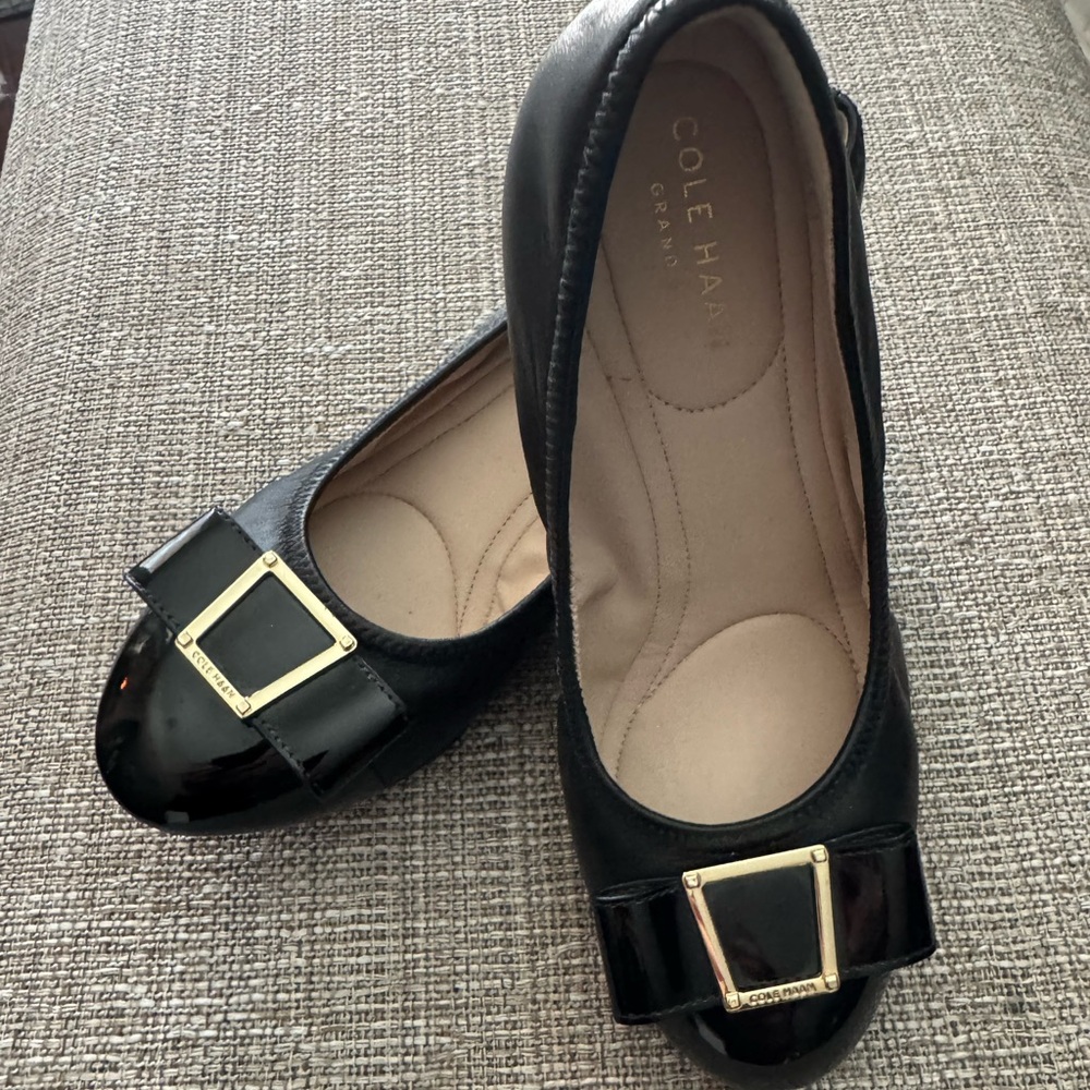 Cole Haan Black Wedge Ballet Flats with Gold Buckle - Picture 2 of 10